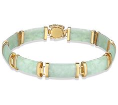 Elevate your style with this elegant 18K gold-plated sterling silver bracelet featuring genuine green jade in a unique octagonal link design. This piece beautifully marries traditional charm with contemporary elegance, making it a perfect accessory for any occasion. From the moment you clasp it around your wrist, this bracelet promises to be a conversation starter. Elegant Yellow Gold Jade Bracelets, Elegant Yellow Gold Jade Bracelet, Elegant Adjustable Jade Jewelry, Classic Jade Bracelets For Formal Occasions, Formal Yellow Gold Jade Bracelets, Formal Yellow Gold Jade Bracelet, Modern Gold Jade Jewelry, Polished Gold Jade Jewelry, Classic Gold Jade Jewelry