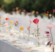 a long table is set with flowers in vases, plates and napkins on it