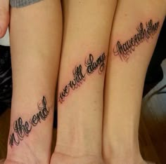 Cool Friend Tattoo Ideas, Sister Tattoos For 3 Meaningful Quotes, Cute Sister Tattoos For 3, Matching Tattoos For 3 People, Family Tattoo Ideas Matching, Unique Sister Tattoos For 2, Family Tattoos Ideas, Sister Tattoos For 3 Meaningful, Trio Tattoo Ideas