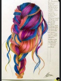 a drawing of a woman's head with multicolored hair and braids