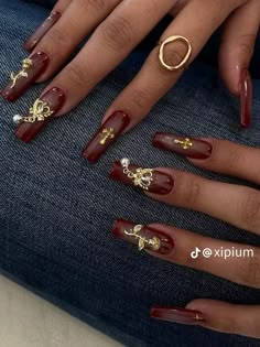 College Nails, Red And Gold Nails, Gold Acrylic Nails, Formal Nails, Cute Simple Nails, Funky Nails, Pretty Acrylic Nails