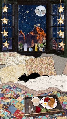 a cat is laying on a bed with food and drinks in front of an open window