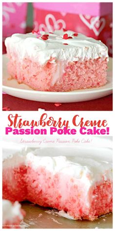 strawberry creme passion poke cake with white frosting