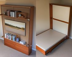 two pictures side by side of a bed with bookshelf