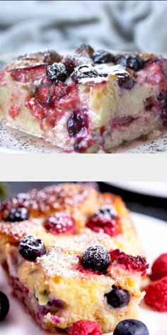 two pictures of blueberries and raspberry cheesecake on a white plate with fresh berries