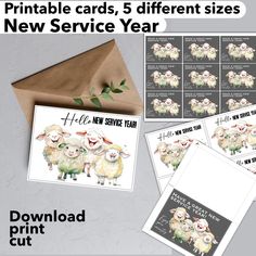 printable cards, 5 different sizes for new service year with envelopes and envelope