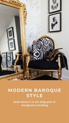 a room with a chair, mirror and pictures hanging on the wall above it that says modern barque style read about it in our blog post at woodgrain com / blog