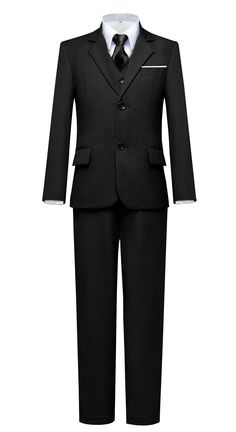 a black suit with white shirt and tie