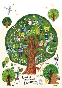 an illustrated tree with people around it and the words united law offices written on it