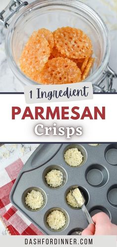 the ingredients for homemade parmesan crispes in muffin tins are shown