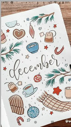 a christmas card with the words december surrounded by doodles and other holiday related items