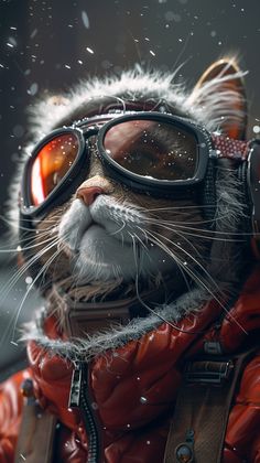 a cat wearing goggles and a red jacket with snow falling on it's face