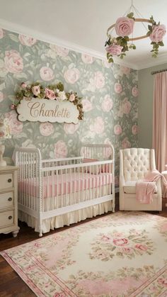 a baby's room decorated in pink and green with roses on the wall, crib, chair, dresser and rug