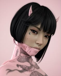 a woman with black hair and horns on her head is wearing a pink bodysuit