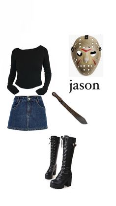 a woman in black shirt and jean skirt wearing a hockey mask with the word jason on it