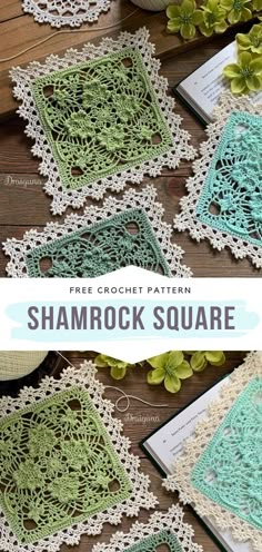 four crocheted squares with the text, free crochet pattern shamrock square