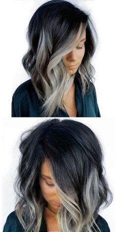 Black With Ash Grey Highlights, Gray Bayalage On Dark Hair, Black With Gray Hair, Dark With Grey Hair, Hair Melting Brown, Ashy Dark Brown Hair Balayage Short, Dark Hair With Platinum Balayage, Short Hair Color 2023 Trends Women, Silver Balayage With Money Piece