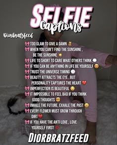 a woman in pink pants sitting on top of a white fluffy rug with the words selfie captions above her