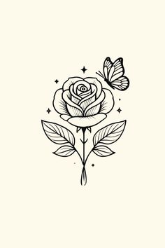 a black and white rose with two butterflies on it's side, in the middle of