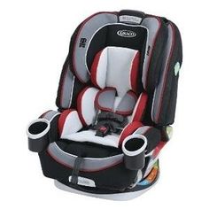 the child's car seat is red and gray with black trimmings on it