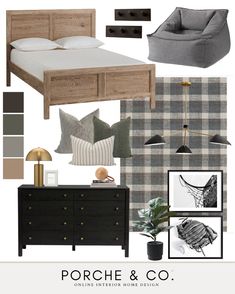 a collage of furniture and decor items including a bed, chair, desk, lamp