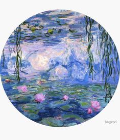 a painting with water lilies and trees in the background