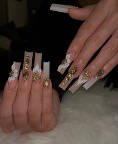 Quinceanera Nails, Gold Acrylic Nails, Baddie Nails, Beige Nails, French Acrylic Nails, Long Acrylic