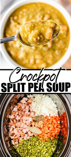 a spoon full of split pea soup next to a bowl filled with beans and rice