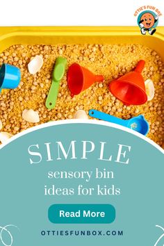 a yellow tray filled with cereal and plastic spoons next to the words simple sensory bin ideas for kids read more