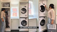 a woman standing in front of a stacking washer and dryer next to each other