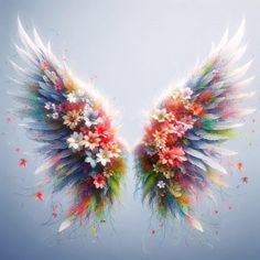 two wings with colorful feathers and flowers on them, against a blue sky background in the shape of an angel's wing