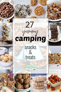 the collage shows different types of snacks and desserts with text overlay that reads 27 yummy camping snacks & treats