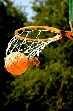 an orange basketball going through the net with trees in the background