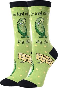 PRICES MAY VARY. PICKLE SOCKS: Women's pickle socks. At the top of these green socks has funny sayings "I'm kind of a big dill", and pickles closing eyes. PICKLE GIFTS: These dill pickle socks are a perfect gift for your grandma, mom,daughter, or granddaughter. MULTI-SIZE: Perfect for women's shoe sizes 6-12 and sock sizes 8-13. EXQUISITE COMFORT: Feel the difference with our socks, made from a premium mix of 80% cotton for breathability, 15% nylon for strength, and 5% spandex for stretch. FUN S Radiologist Gifts, Parties Food, Pickle Gifts, Food Socks, Pickle Lover, Dental Assistant Gifts, Silly Socks, Big Dill, Whimsical Accessories