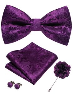 PRICES MAY VARY. Bow Tie Size:2.55" (6.5cm) wide and 4.72" (12cm) long;Pocket Square:9.85*9.85 inches (25*25cm);Lapel Pin:3.35inches(8.5cm) Tie set including 1 Bow Tie+1 Pocket Square+1 Pair Cufflinks+1 Lapel Pin Versatile wearability: This tie is perfect for all types of occasions, from professional events such as business meetings to formal events such as weddings and dinners. It is also suitable for everyday wear and can be paired with a variety of outfits. Exquisite handcrafted design: This Luxury Purple Suit And Tie Accessories For Black Tie, Luxury Fitted Purple Suit And Tie Accessories, Luxury Purple Suit And Tie Accessories For Men, Classic Purple Ties As Gifts, Mens Pocket Squares Purpke Velvet Tie, Professional Event, Paisley Tie, Pre Tied Bow Tie, Tie Set