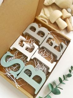 a box filled with wooden letters sitting next to green leaves and cookies on top of a table