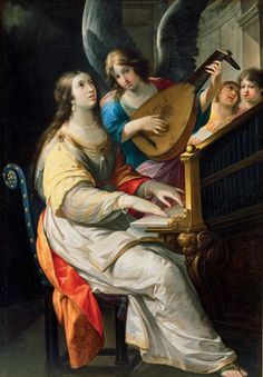 an angel playing the harp with two children