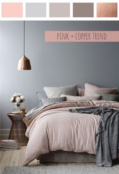 a bedroom with pink and copper colors on the walls, bed linens in neutral tones