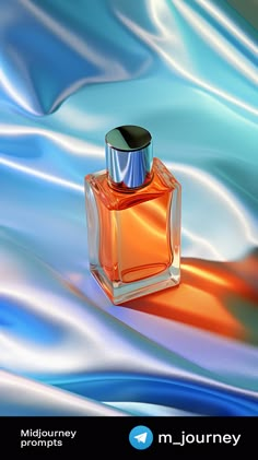 a bottle of perfume sitting on top of a blue and orange liquid streaming background