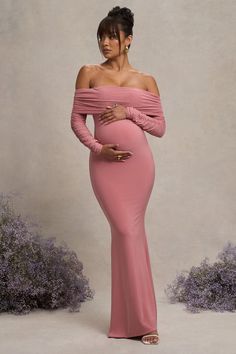 Pretty Perfect | Blush Pink Maternity Ruched Mesh Bardot Maxi Dress Vestidos Para Baby Shower, Pink Maternity Dress, Bardot Midi Dress, Bardot Neckline, Maternity Midi Dress, Baby Shower Outfit, Black Dress Prom, Fishtail Skirt, Baby Shower Dresses