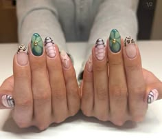 Geo X Nails, Complex Nails Design, Cool Unique Nails, Green And Cheetah Nails, Safari Nails Jungle, Trendy Nail Inspo Almond, Nail Ideas Multi Color, Funky Square Nails, Mismatched Nails Summer