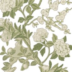 a white and green floral wallpaper with leaves