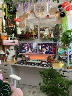 a room filled with lots of plants and stuffed animals on top of the desks