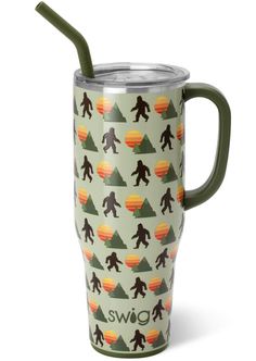 a travel mug with a bigfoot pattern on it and a straw in the cup