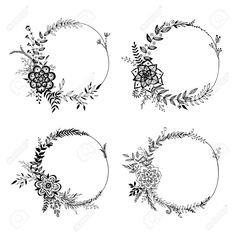 four circular frames with flowers and leaves