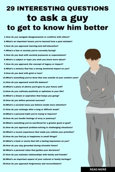 a man standing in front of a blue background with the words 29 interesting questions to ask a guy to get to know him better