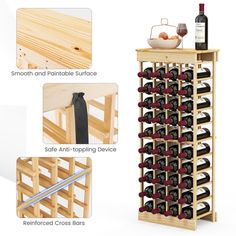 the wine rack is made from wood and has several bottles on it, including one for each