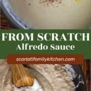 an image of some food being made in a pot with the words from scratch alfredo sauce