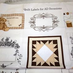 quilt labels for all occasions are displayed on a tablecloth with various designs and words