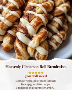 cinnamon roll bread twists on a white plate with text overlay that reads heavenly cinnamon roll bread twists you will need 1 can refrigated crescent dough